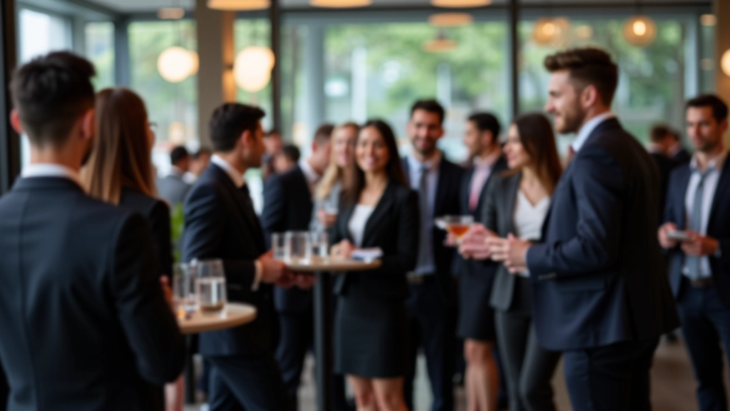 Diverse group of professionals in business attire mingling and conversing in a modern networking event space with tall cocktail tables