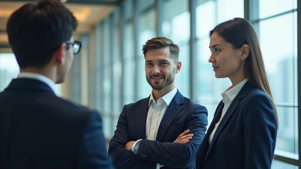 Three business professionals having conversation in modern office, relaxed confident posture, bright natural lighting
